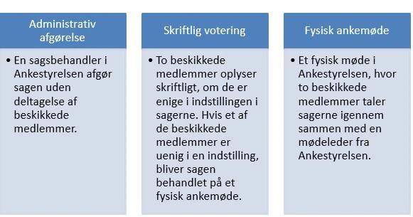 En sag i Ankestyrelsen kan afgøres administrativt, hvor en sagsbehandler afgør sagen uden deltagelse af beskikkede medlemmer. En sag kan også afgøres ved skriftlig votering, hvor to beskikkede medlemmer oplyser om de er enige i sagens indstilling. Hvis et eller flere beskikkede medlemmer er uenige, behandles sagen på et fysisk ankemøde. En sag kan endelig afgøres ved et fysisk møde i Ankestyrelsen, hvor to beskikkede medlemmer taler sagen igennem med en mødeleder fra Ankestyrelsen.
